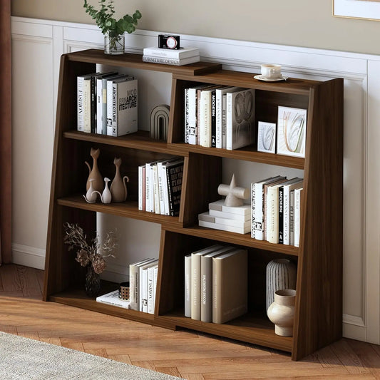 Wooden Telescopic Shelf Bookcase - Three-Tier Trapezoidal Low-Profile Short Bookcase