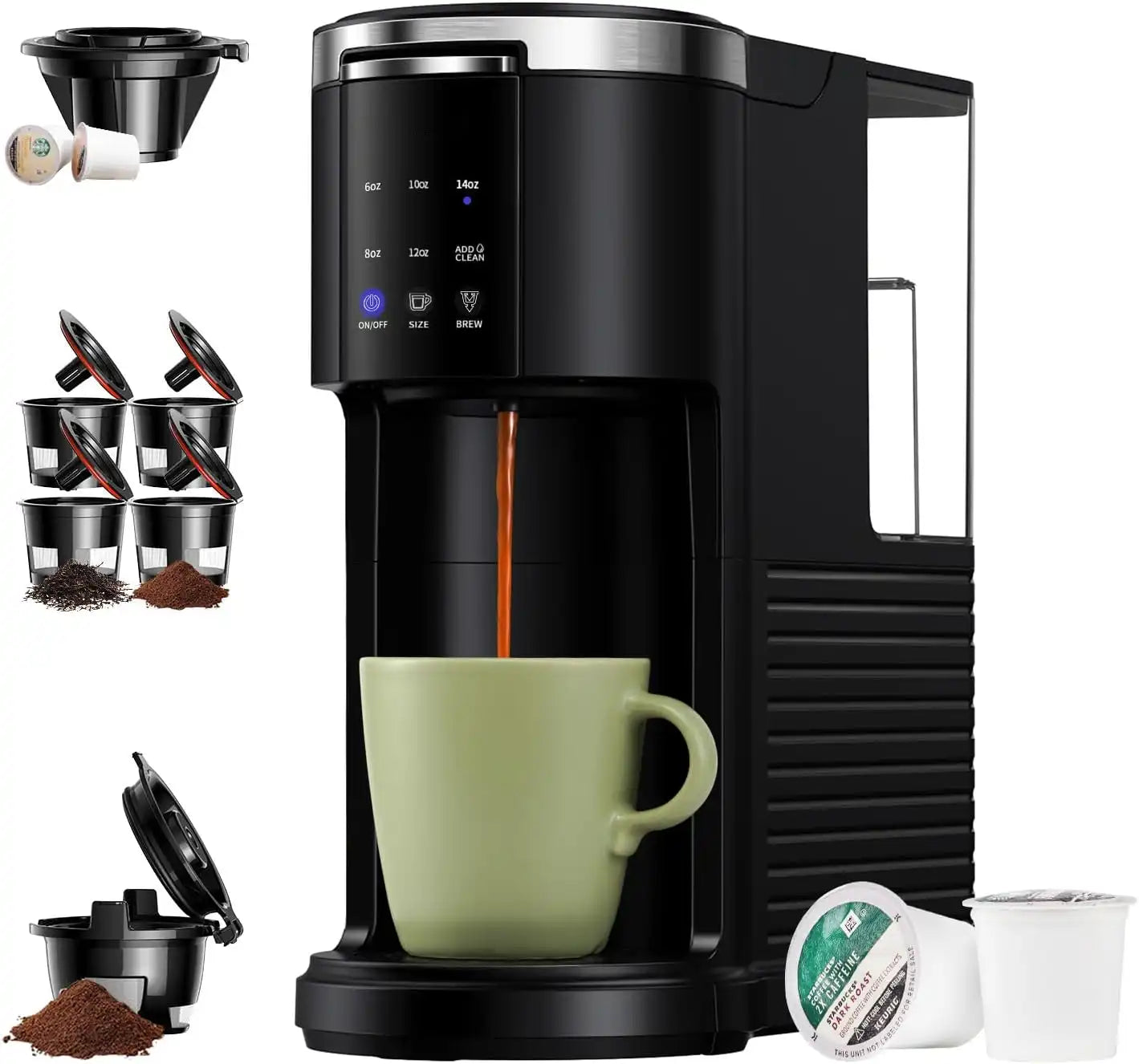 Three-in-one coffee maker, compatible with K-Cup pods, ground coffee, and loose tea leaves