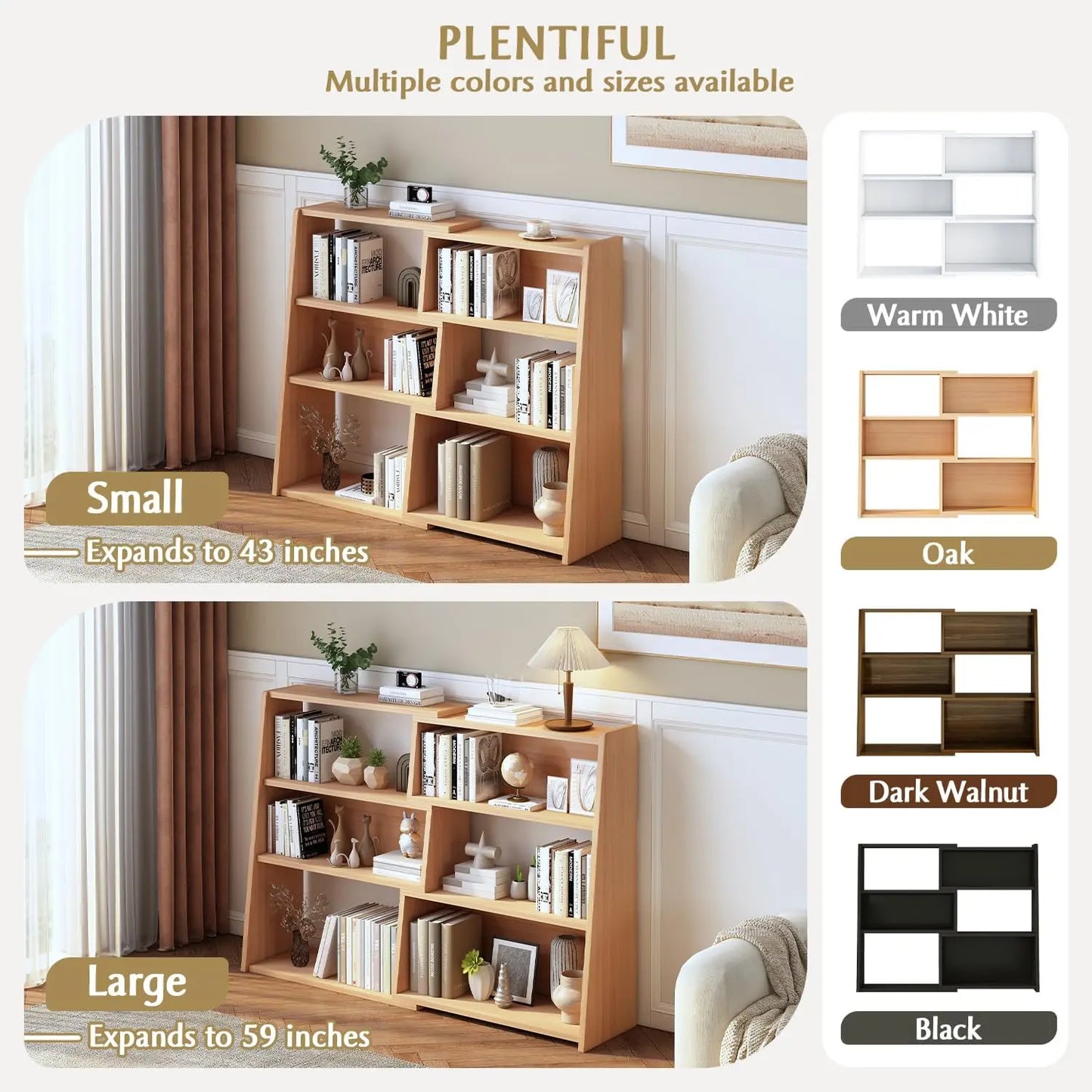 Wooden Telescopic Shelf Bookcase - Three-Tier Trapezoidal Low-Profile Short Bookcase