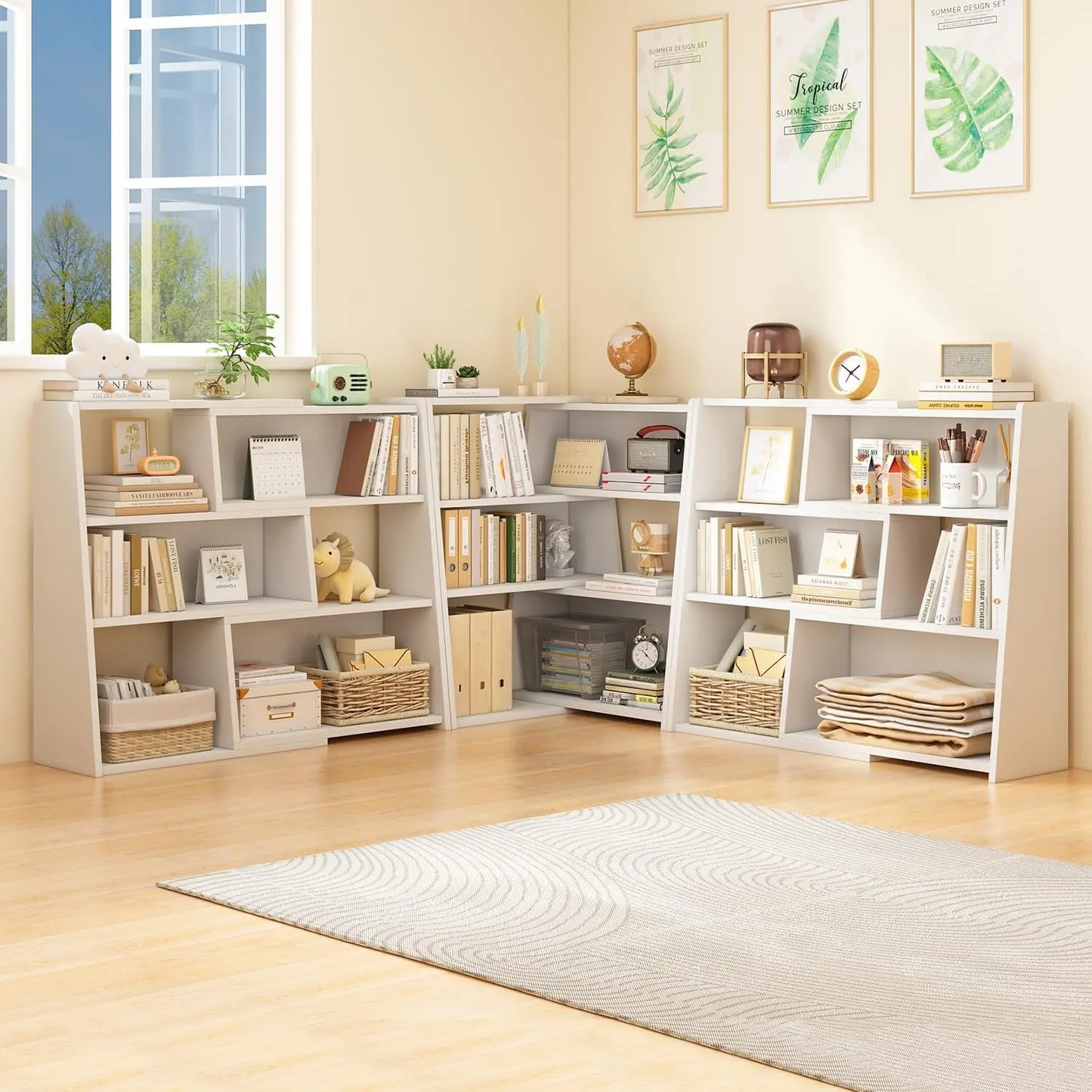Wooden Telescopic Shelf Bookcase - Three-Tier Trapezoidal Low-Profile Short Bookcase