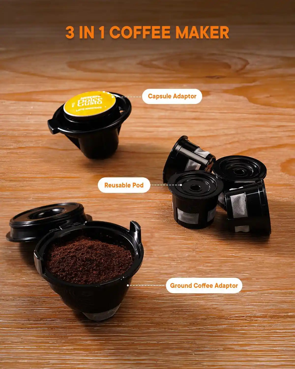 Three-in-one coffee maker, compatible with K-Cup pods, ground coffee, and loose tea leaves