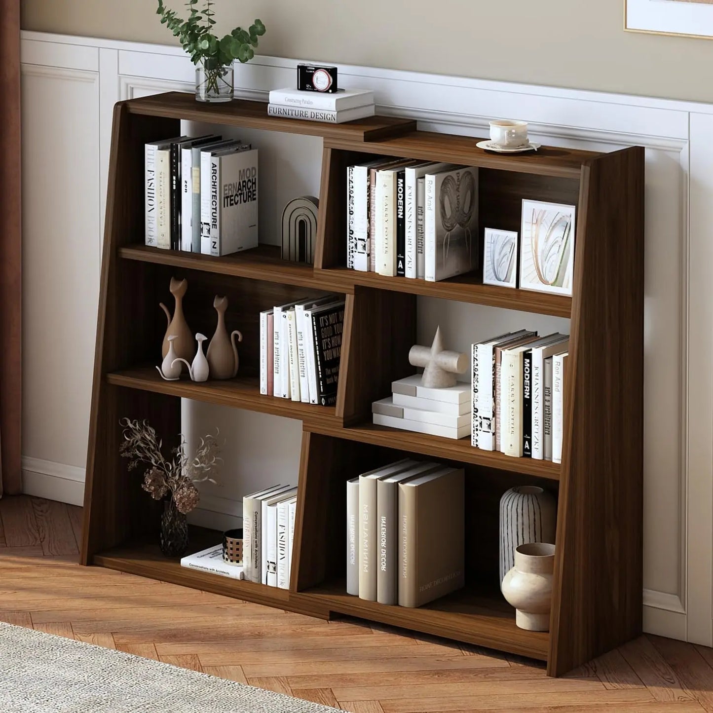 Wooden Telescopic Shelf Bookcase - Three-Tier Trapezoidal Low-Profile Short Bookcase