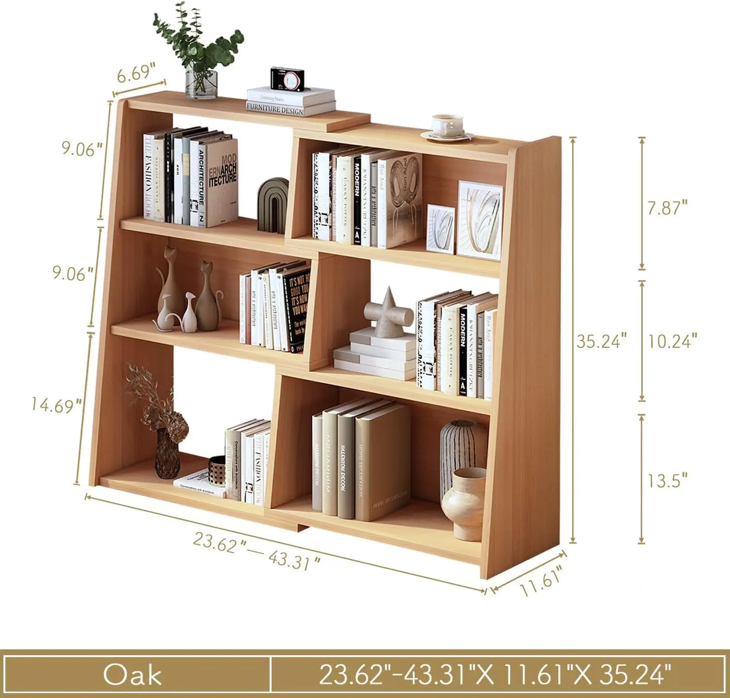 Wooden Telescopic Shelf Bookcase - Three-Tier Trapezoidal Low-Profile Short Bookcase