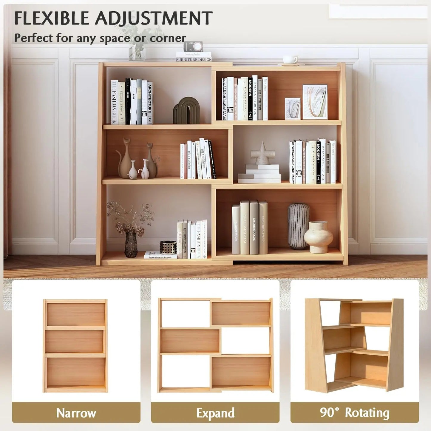 Wooden Telescopic Shelf Bookcase - Three-Tier Trapezoidal Low-Profile Short Bookcase