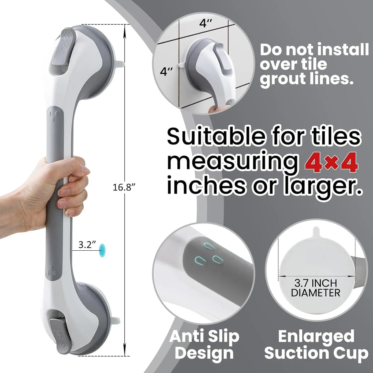 Bathtub Shower Grab Bar Set (2-Piece) Suction Cup Mounted Grab Bars