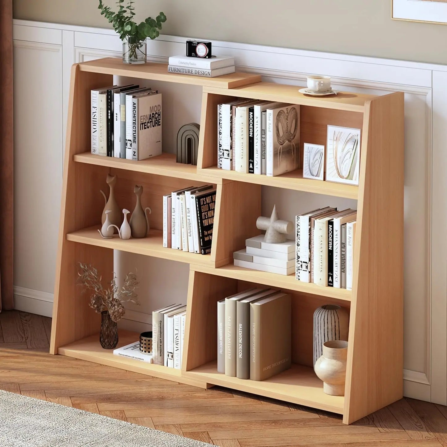 Wooden Telescopic Shelf Bookcase - Three-Tier Trapezoidal Low-Profile Short Bookcase