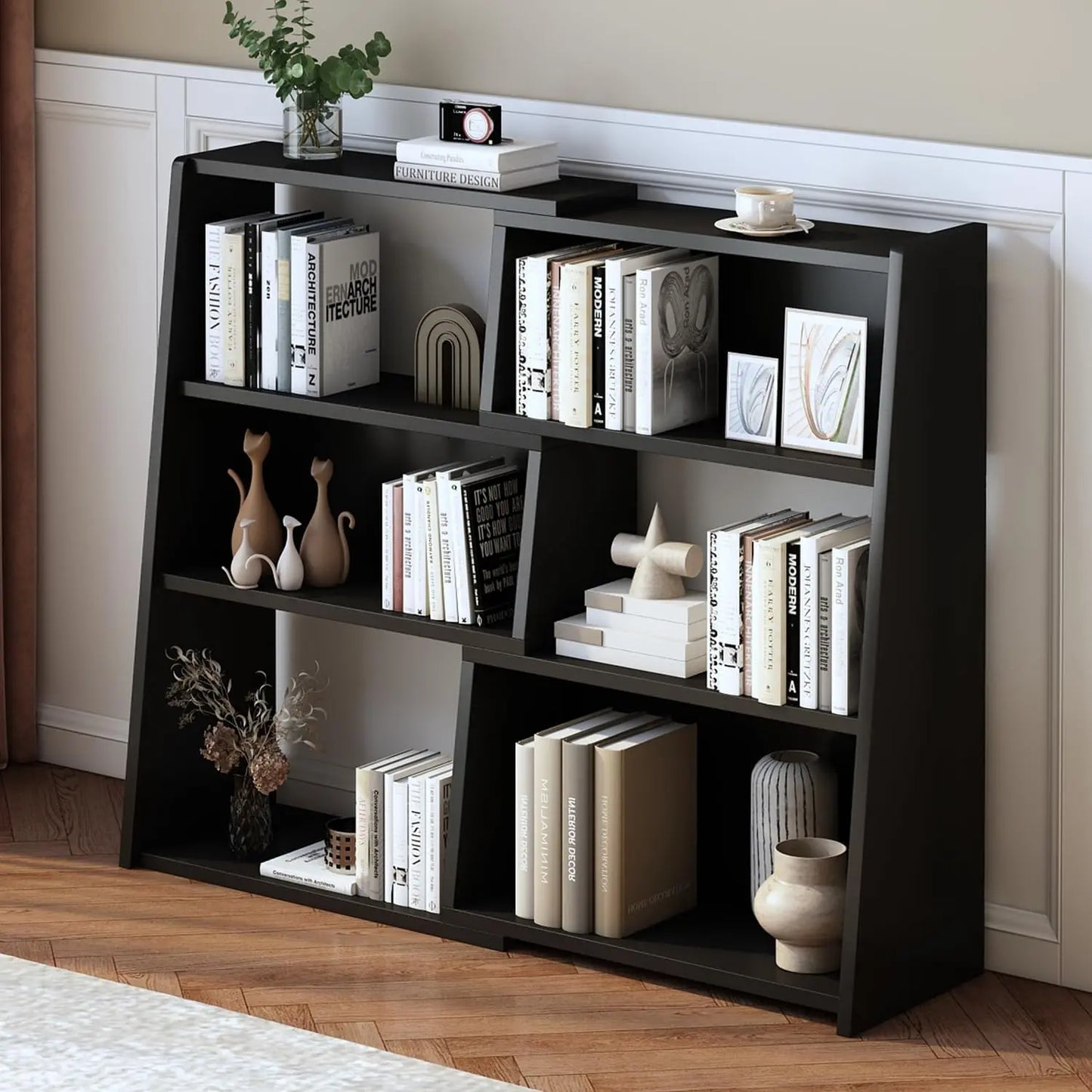 Wooden Telescopic Shelf Bookcase - Three-Tier Trapezoidal Low-Profile Short Bookcase