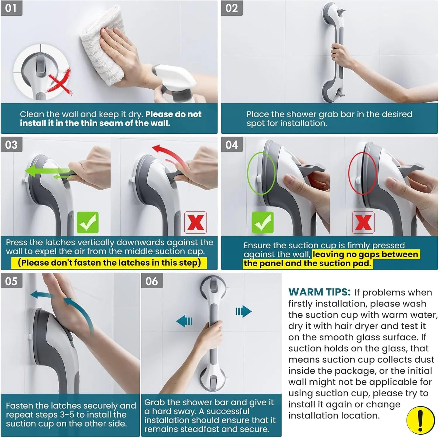 Bathtub Shower Grab Bar Set (2-Piece) Suction Cup Mounted Grab Bars