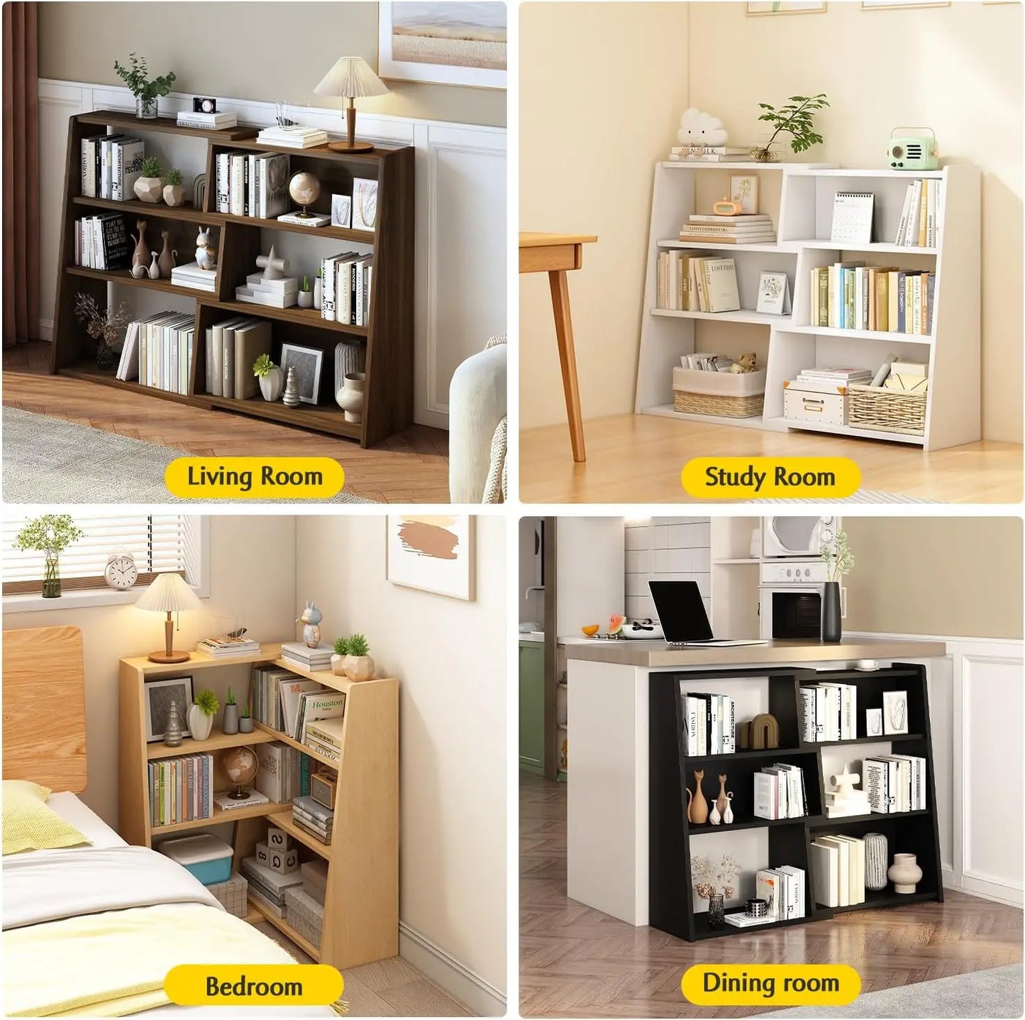 Wooden Telescopic Shelf Bookcase - Three-Tier Trapezoidal Low-Profile Short Bookcase